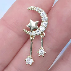 Kawaii Moon Nail Charm with Dangle Rhinestones | Magical Girl Jewelry DIY | Luxury Resin Inclusion (1 piece / Gold / 11mm x 26mm)