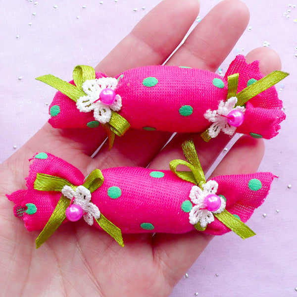 Kawaii Candy Applique in Polka Dot Pattern | Kawaii Decora Kei Craft Supplies (Dark Pink / 2 pcs / 20mm x 70mm)