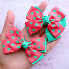 Polka Dot Large Double Bow | Toddler Hair Bow Making | Kawaii Bow Supplies (2 pcs / Coral Pink & Teal / 80mm x 60mm)