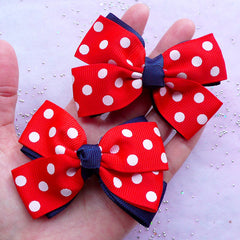 CLEARANCE Large Double Bow in Polka Dot Pattern | Baby Hair Barrettes Making | Cute Bow Supplies (2 pcs / Red & Navy Blue / 80mm x 60mm)