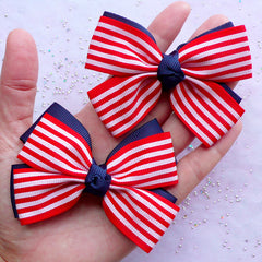 Large Double Bow in Stripe Pattern | US Flag Fabric Bow | American Embellishment (2 pcs / Red & Navy Blue / 80mm x 60mm)