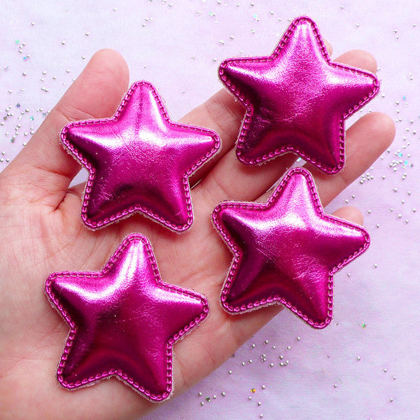 Puffy Star Appliques | Decora Kei Hair Clip Making | Kawaii Sewing Supply (Metallic Dark Pink / 4 pcs / 50mm x 48mm)