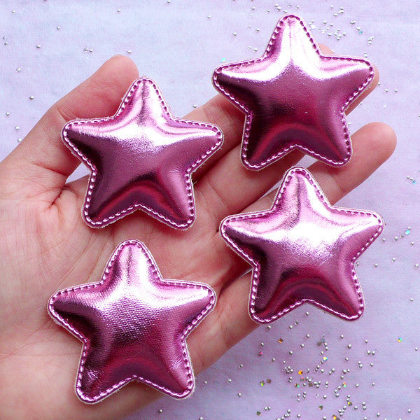 Pop Fairy Kei Hair Accessories DIY | Kawaii Padded Star Appliques | Cute Hair Barrettes Making (Metallic Pink / 4 pcs / 50mm x 48mm)