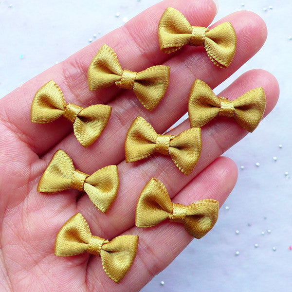 Small Satin Ribbon Bows | Little Fabric Bow | Wedding Card Decoration | Home Decor | Sewing & Packaging Supplies (8pcs / 20mm x 12mm / Old Gold)