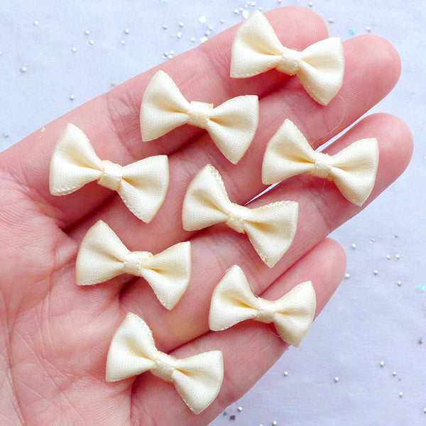 20mm Satin Bows | Fabric Ribbon Bows | Wedding Invitation Card Making | Favor Decoration | Gift Packaging | Sewing | Scrapbook | Jewelry Supplies (8pcs / 20mm x 12mm / Cream White)