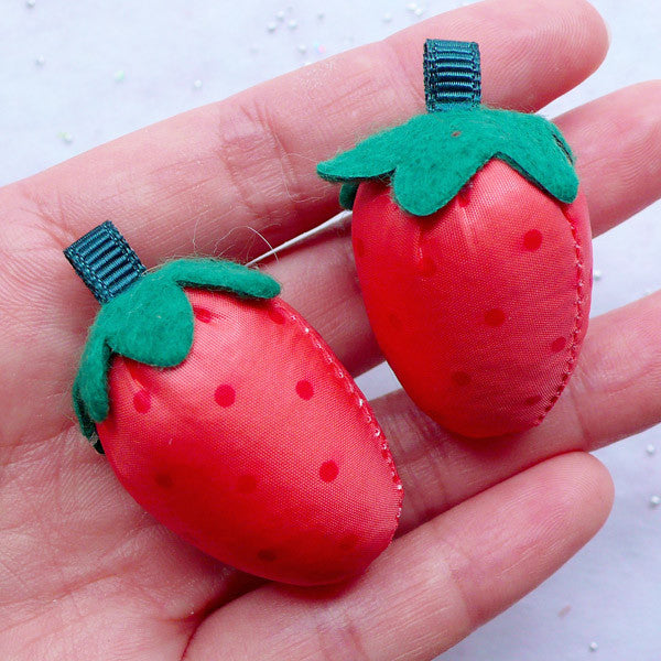 CLEARANCE Soft Fabric Strawberry in 3D | Fabric Fruit Applique | Kawaii Bag Charm & Planner Charm Making | Toddler Hair Accessories DIY | Cute Craft Supplies (2pcs / 25mm x 40mm)