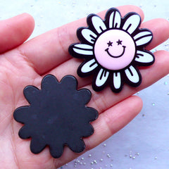 Kawaii Flower Cabochons with Happy Face | Acrylic Decoden Pieces | Harajuku Kei | Decora Kei | Phone Case Deco (2pcs / 42mm x 43mm / Flat Back)