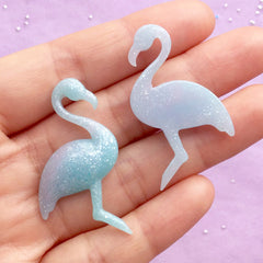 CLEARANCE Flamingo Cabochons in Pastel Gradient Color | Bird Cabochon | Animal Decoden Pieces | Resin Embellishments (2pcs / Blue & Pink / 25mm x 41mm)