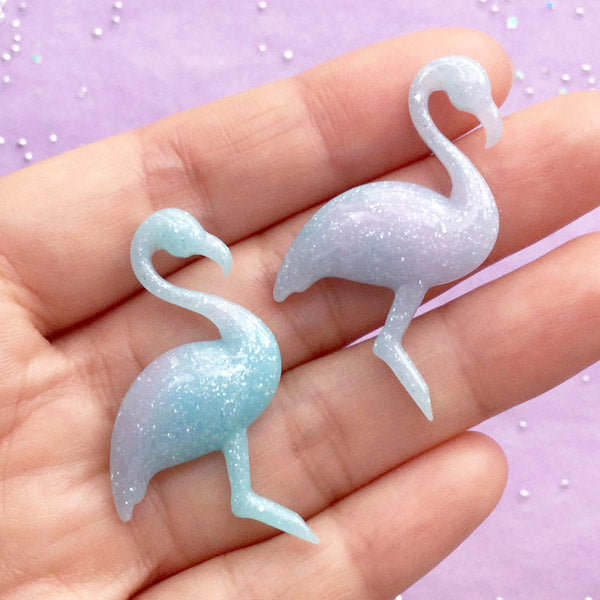 CLEARANCE Flamingo Cabochons in Pastel Gradient Color | Bird Cabochon | Animal Decoden Pieces | Resin Embellishments (2pcs / Blue & Pink / 25mm x 41mm)