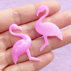 Pink Flamingo Cabochon with Glitter | Animal Resin Cabochons | Kawaii Decoden Supplies | Bird Embellishments (2pcs / Dark Pink & White / 25mm x 41mm)