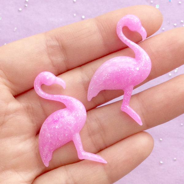 Pink Flamingo Cabochon with Glitter | Animal Resin Cabochons | Kawaii Decoden Supplies | Bird Embellishments (2pcs / Dark Pink & White / 25mm x 41mm)