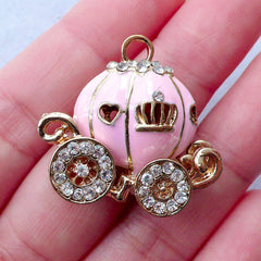 Small Cinderella Carriage Cabochon | Pumpkin Carriage Charm | Metal Embellishment | Bling Bling Decoden Supplies (Baby Pink, Gold with Clear Rhinestones / 29mm x 28mm)