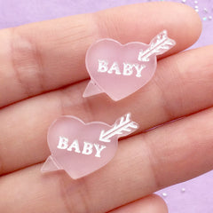 Baby Heart and Arrow Cabochon | Kawaii Resin Cabochons | Decoden Phone Case DIY | Flat Back Embellishments (2pcs / Translucent Pink / 20mm x 17mm)