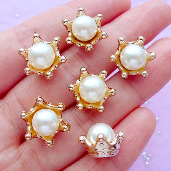 3D Crown Setting with Pearl | Kawaii Cap for Fairy Bottle | Hair Bow Center | Decoden Cabochon Supplies (6pcs / 15mm x 10mm)