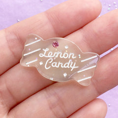 Lemon Candy Cabochon with Rhinestone | Kawaii Cabochons | Lolita Decoden | Resin Flatbacks (1 piece / Translucent Yellow / 19mm x 32mm)