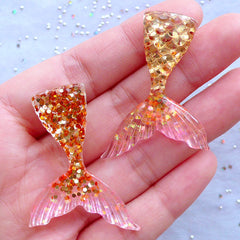 CLEARANCE Mermaid Tail Cabochons in Dual Color | Kawaii Decoden Cabochon with Glitter | Cell Phone Deco | Fairytale Resin Pieces (2pcs / Gold & Pink / 31mm x 44mm / Flatback)