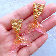 CLEARANCE Mermaid Tail Cabochons in Dual Color | Kawaii Decoden Cabochon with Glitter | Cell Phone Deco | Fairytale Resin Pieces (2pcs / Gold & Pink / 31mm x 44mm / Flatback)