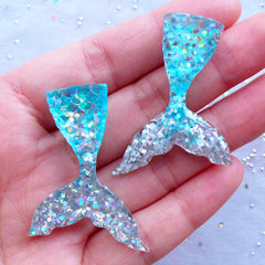 Kawaii Mermaid Cabochons in Dual Color | Fish Tail Cabochon with Glitter | Cell Phone Decoden | Fairy Tale Jewelry Making (2pcs / Blue & Silver / 31mm x 44mm / Flatback)