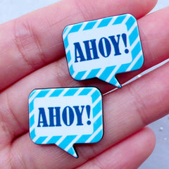 Ahoy Speech Bubble Cabochons | Nautical Acrylic Cabochon | Decoden Pieces | Card Making | Clutch Pin Making (2pcs / 22mm x 21mm / Blue / Flat Back)