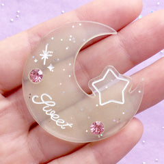 Magical Moon and Star Cabochon with Rhinestones | Kawaii Magical Girl Decoden | Glittery Resin Cabochon (1 piece / Translucent Yellow / 42mm x 44mm)