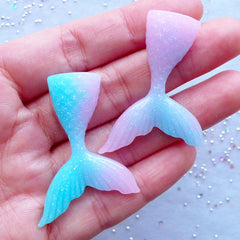 Mermaid Decoden Cabochons in Rainbow Gradient Color | Shimmer Cabochon with Glitter | Kawaii Cell Phone Deco (2pcs / Pink & Blue / 31mm x 44mm / Flatback)