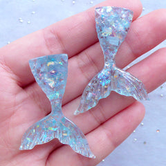 Iridescent Mermaid Tail Cabochons | Kawaii Resin Cabochon with Mica Flakes | Decoden Supplies | Mermaid Party Decoration (2pcs / Blue / 31mm x 44mm / Flatback)