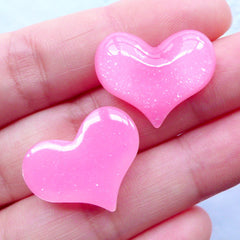Glitter Puffy Heart Cabochons | Kawaii Resin Cabochon | Decoden Phone Case | Shimmer Hearts | Wedding Table Decoration (3 pcs / Pink / 22mm x 18mm / Flatback)