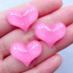 Glitter Puffy Heart Cabochons | Kawaii Resin Cabochon | Decoden Phone Case | Shimmer Hearts | Wedding Table Decoration (3 pcs / Pink / 22mm x 18mm / Flatback)