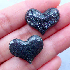 Puffy Heart Cabochons with Glitter | Decoden Cabochon | Resin Hearts | Kawaii Craft Supplies | Cell Phone Deco (3 pcs / Black / 22mm x 18mm / Flatback)