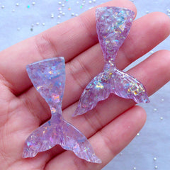 Glittery Mermaid Tail Resin Cabochons with Iridescent Flakes | Fairy Tale Decoden Pieces | Kawaii Craft Supplies (2pcs / Purple / 31mm x 44mm / Flatback)