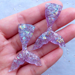 Glittery Mermaid Tail Resin Cabochons with Iridescent Flakes | Fairy Tale Decoden Pieces | Kawaii Craft Supplies (2pcs / Purple / 31mm x 44mm / Flatback)