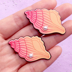 Acrylic Seashell Cabochon with Pearl | Conch Shell Embellishments | Kawaii Decoden | Mermaid Decoration (2pcs / 26mm x 43mm)