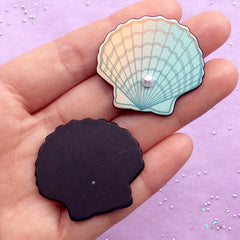 Scallop Shell Acrylic Cabochon with Pearl | Seashell Embellishments | Kawaii Mermaid Decoden | Beach Decor (2pcs / 35mm x 32mm)