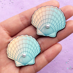 Scallop Shell Acrylic Cabochon with Pearl | Seashell Embellishments | Kawaii Mermaid Decoden | Beach Decor (2pcs / 35mm x 32mm)