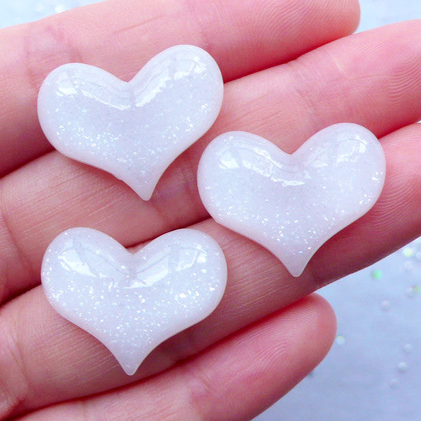 CLEARANCE Heart Resin Cabochons with Glitter | Glittery Cabochon | Kawaii Heart Flatback | Decoden Supplies | Phone Decoration (3 pcs / White / 22mm x 18mm / Flatback)