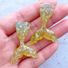 CLEARANCE Kawaii Decoden Cabochons | Mermaid Resin Pieces with Iridescent Mica Flakes | Sea Animal Cabochon (2pcs / Yellow / 31mm x 44mm / Flatback)