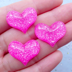Resin Heart Flatback with Glitter | Kawaii Cabochon Supplies | Glittery Decoden Pieces | Valentine's Day Decoration (3 pcs / Dark Pink / 22mm x 18mm / Flatback)