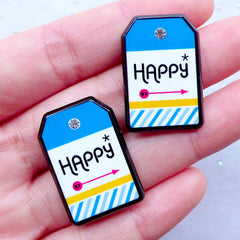 CLEARANCE Happy Tag Cabochon with Rhinestone | Scrapbooking Supplies | Acrylic Embellishments | Decoden Pieces (2pcs / 19mm x 28mm / Flatback)
