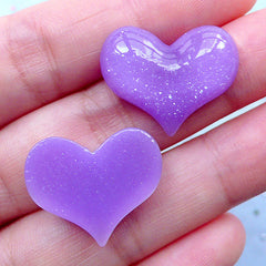 Kawaii Heart Cabochons | Glittery Embellishments | Resin Flatback | Scrapbook Supplies | Valentine's Day Deco (3 pcs / Purple / 22mm x 18mm / Flatback)