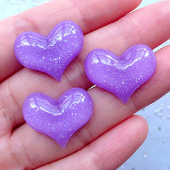 Kawaii Heart Cabochons | Glittery Embellishments | Resin Flatback | Scrapbook Supplies | Valentine's Day Deco (3 pcs / Purple / 22mm x 18mm / Flatback)