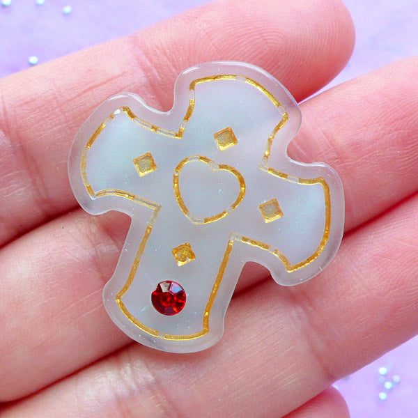 CLEARANCE Kawaii Cross Cabochon with Rhinestone | Lolita Jewellery Supplies | Vintage Resin Cabochon | Religion Decoden Piece (1 piece / Mint Green / 29mm x 31mm)