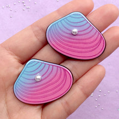 CLEARANCE Seashell Acrylic Cabochon with Pearl | Mermaid Embellishments | Sea Shell Decoden Piece | Kawaii Decoration (2pcs / 39mm x 30mm)