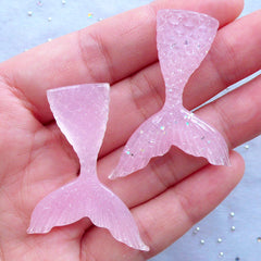 Kawaii Resin Cabochons | Mermaid Tail Cabochon with Glitter | Mermaid Decoden Phone Case (2pcs / Pink / 31mm x 44mm / Flatback)