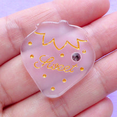 Strawberry Resin Cabochon with Rhinestone | Kawaii Jewellery Supplies | Lolita Decoden Piece (1 piece / Pink / 27mm x 29mm)