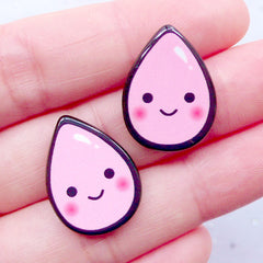 CLEARANCE Teardrop Cabochons with Happy Face | Acrylic Flatback | Kawaii Cabochon | Scrapbooking Embellishments | Decoden Supplies (2pcs / Pink / 21mm x 26mm)