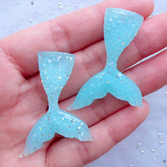 Glitter Mermaid Tail Cabochons | Resin Embellishments | Kawaii Decoden Phone Case (2pcs / Blue / 31mm x 44mm / Flatback)