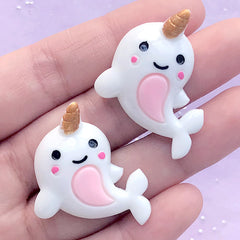 Dolphin Unicorn Cabochons | Kawaii Marine Life Decoden | Fairy Tale Creature Embellishment | Kawaii Jewellery DIY (2 pcs / White / 25mm x 32mm)