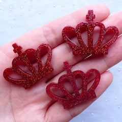 Glittery Crown Cabochon | Kawaii Cabochons | Princess Decoden Phone Case | Decora Kei | Cute Embellishments (3pcs / Red / 35mm x 27mm / Flat Back)