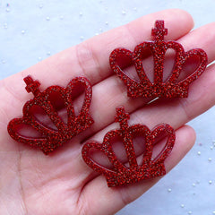 Glittery Crown Cabochon | Kawaii Cabochons | Princess Decoden Phone Case | Decora Kei | Cute Embellishments (3pcs / Red / 35mm x 27mm / Flat Back)