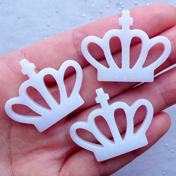 Glitter Crown Cabochons | Kawaii Resin Cabochon | Princess Embellishments | Decora Kei Decoden | Cute Scrapbook Supplies (3pcs / White / 35mm x 27mm / Flat Back)